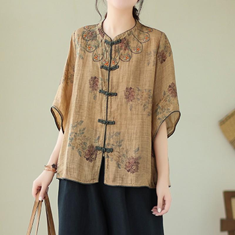 Женская летняя повседневная рубашка в китайском стиле с винтажной вышивкой, свободные женские хлопковые льняные топы, рубашки