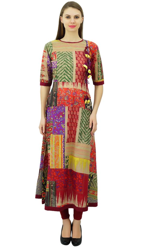 Phagun Длинное платье-трапеция из хлопка с принтом, расклешенная туника-курта