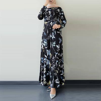 Женское винтажное длинное платье летнее с круглым вырезом и длинными рукавами, платье-свинг свободного кроя с принтом листьев, повседневное пляжное макси-платье для отпуска