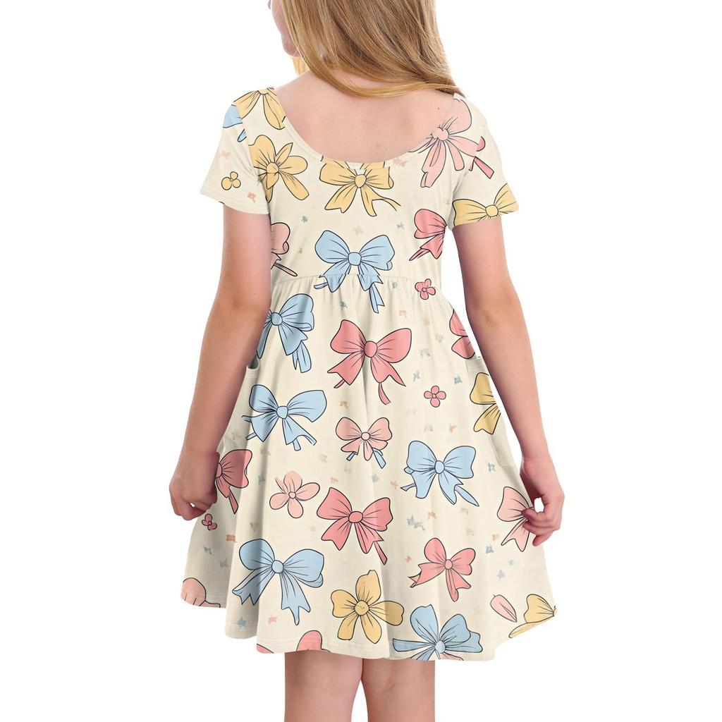 Детская юбка с круглым вырезом и коротким рукавом, платье принцессы, модное повседневное платье с карманами для девочек