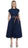 Bimba Navy Blue Women's Denim Solid Mid Calf A-Line Dress With Tie Waist Dori -