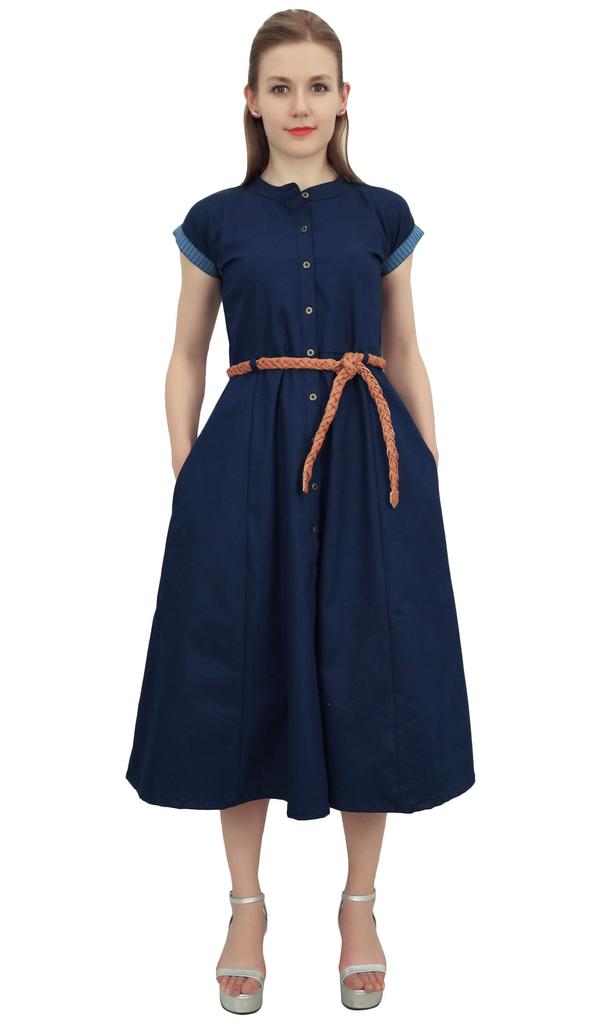 Bimba Navy Blue Women's Denim Solid Mid Calf A-Line Dress With Tie Waist Dori -