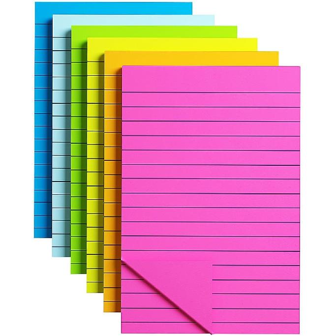 6 Pads Lined Sticky Notes Post,4x6 Inches,Super Stick it ,Bright Color ,45 Sheets/Pads, Self-Adhesive memo for School , Office & Home, Multicolor