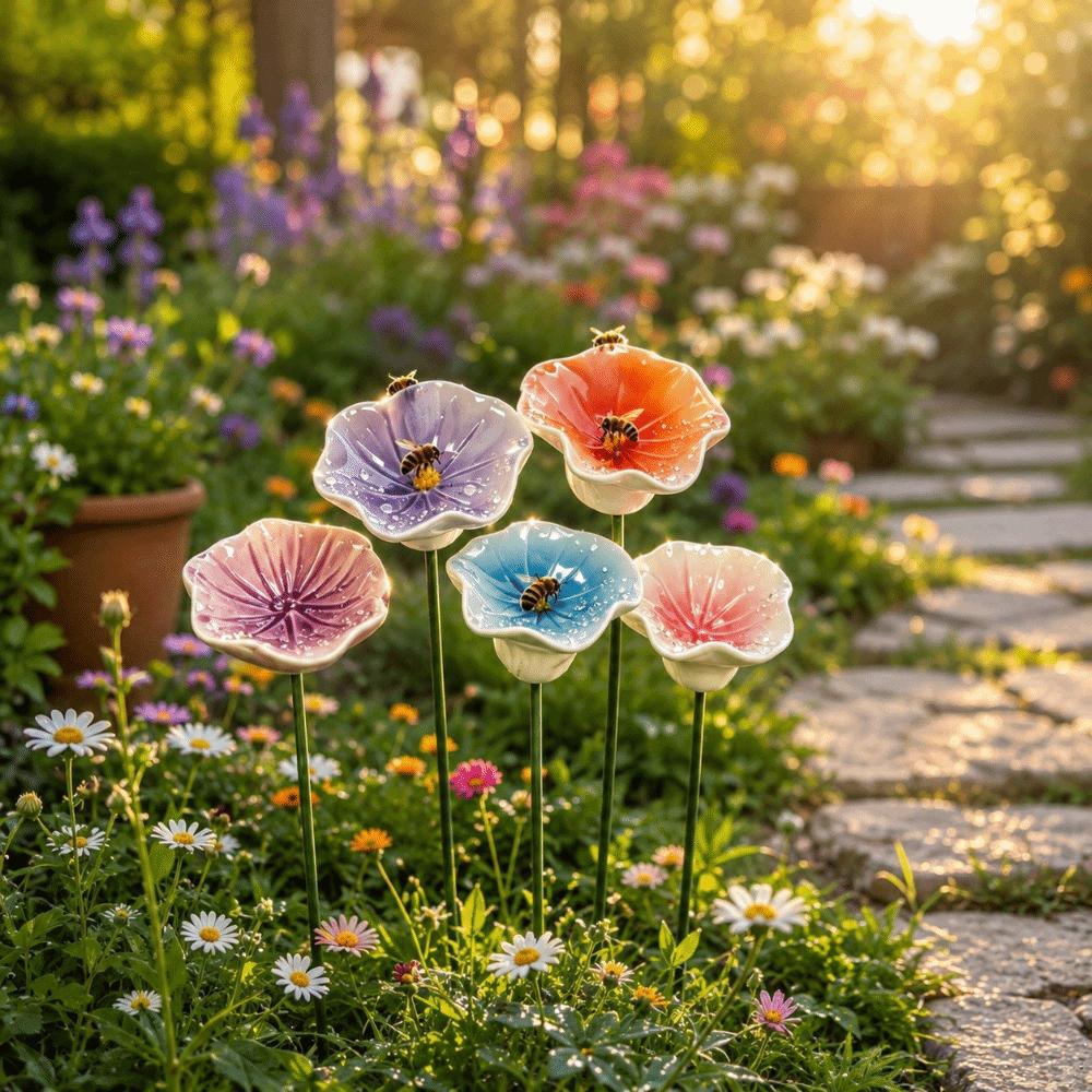 3pcs Ceramic Bee Watering Station Garden Decoration Artificial Flower Insect Drinking Cup Outside