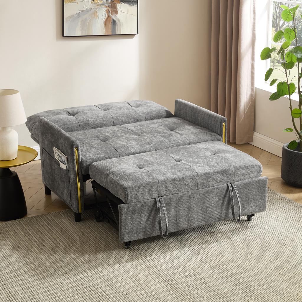 Modern 3-in-1 Sleeper Sofa 2-Seater, with 5-Way Adjustable Backrest, Pull-Out & Hidden Bed Function, Daybed, Chenille Fabric Couch with 2 Cushions