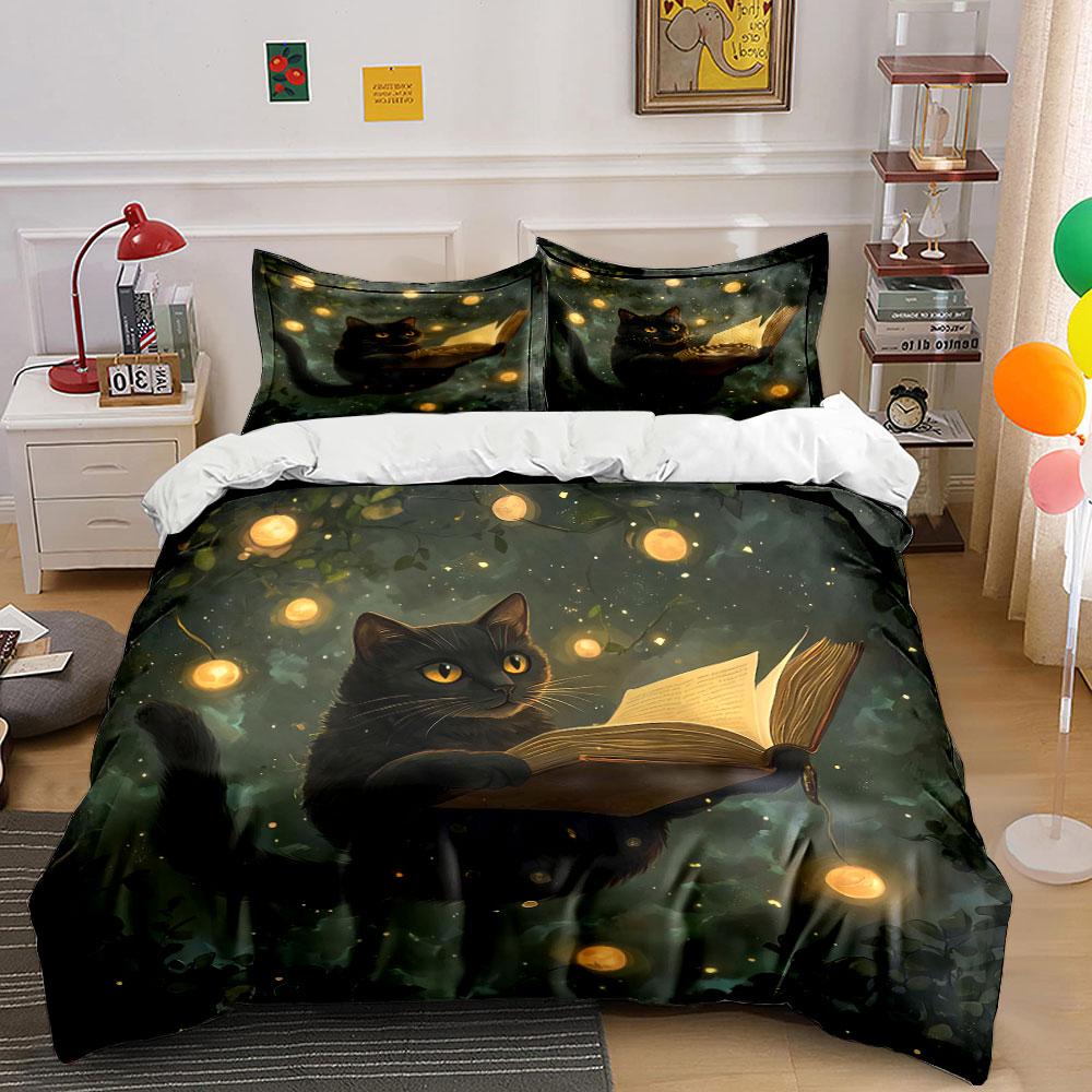 "Cat Reading Light Decoration Set" Bedding Set with 1 Duvet Cover 2 Pillowcases Single Double King Queen, Gift