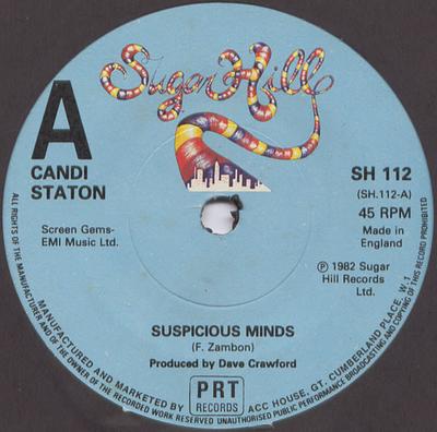 7-дюймовая пластинка КЭНДИ СТЭТОН - Suspicious Minds SH112 Sugar Hill Reco 1982 UK Соул/Фанк Б/У