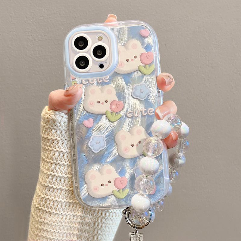 Rabbit Flowers Suitable for Apple 16 Mobile Phone Case 15pro Feather Yarn Iphone14promax Lens Full Package