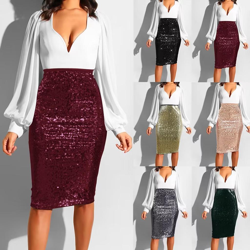 Women Fashion Solid Slim High Waist Push Up Hip Pencil Zipper Sequin Skirt