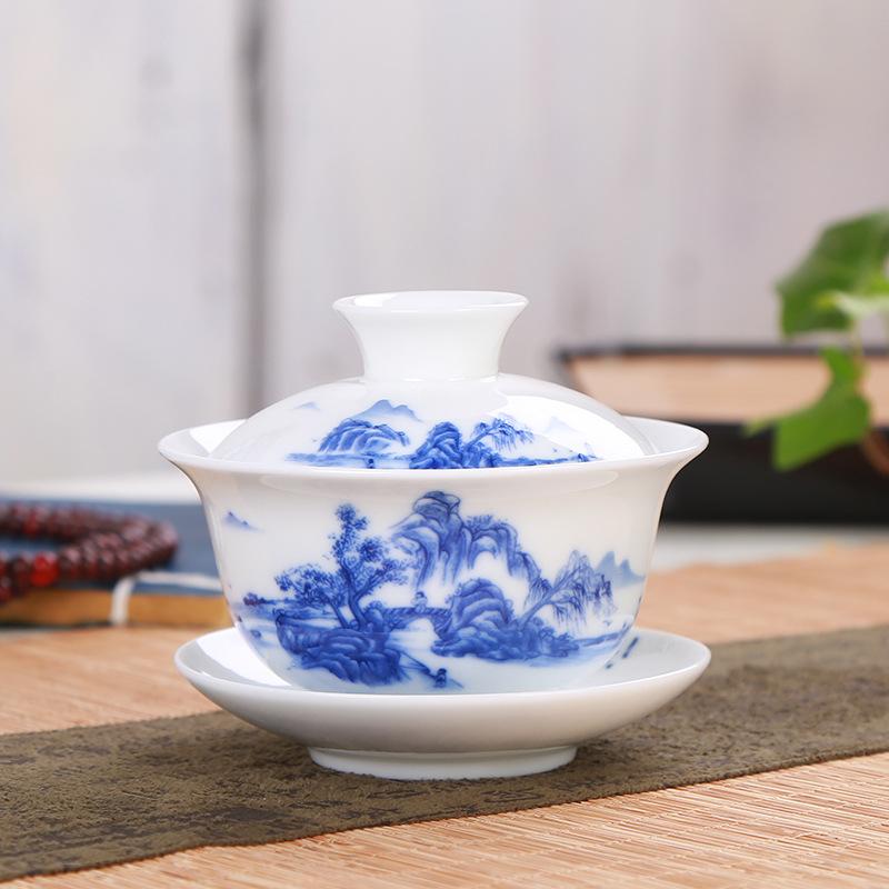High Grade White Porcelain Gaiwan Ceramic Tea Set Sancai Cover Bowl Blue and White Tea Set Tea Bowl 150ml