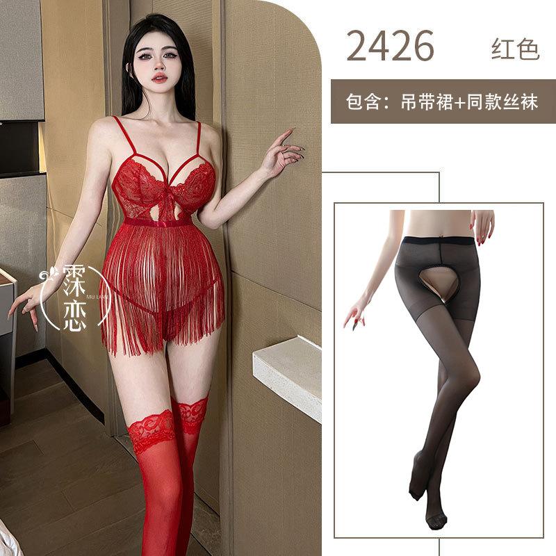 Sexy lingerie lace transparent hot blood drops sexy uniform fringed suspender breast pure flirting outfit