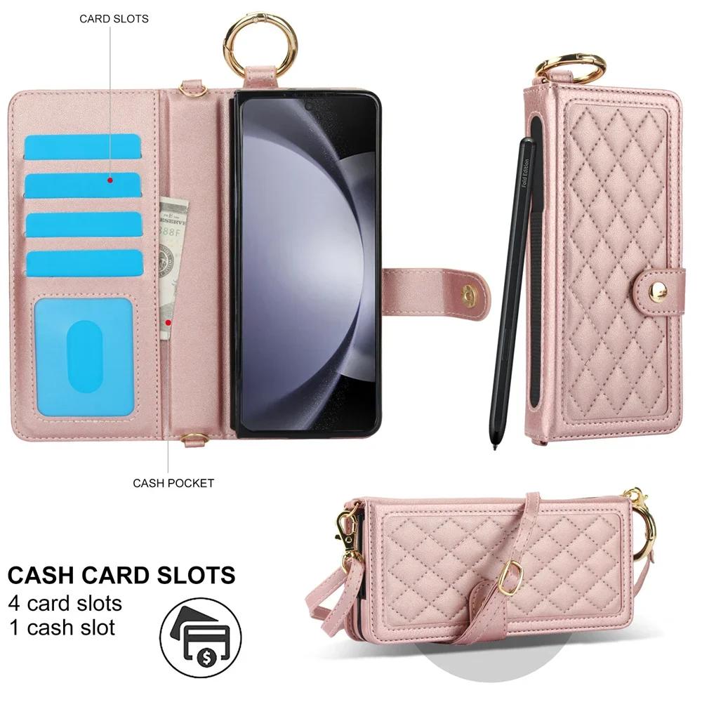 Кожаный чехол-кроссбоди с RFID-блокировкой для Samsung Galaxy Z Fold 7 6 5 4 3 5G С держателем для стилуса, кошельком для карт, чехол для телефона (Нет ручки)