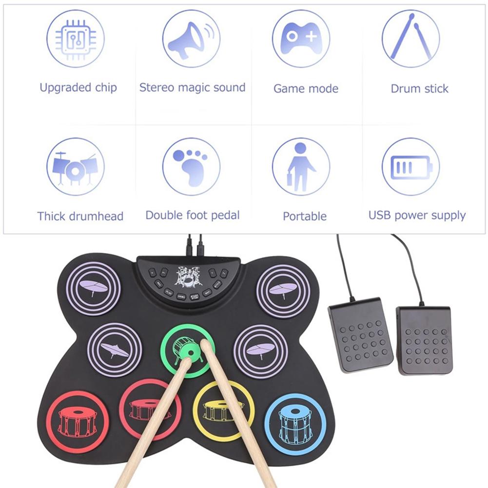 Roll Drum Pedal Controller Roll Up Drum Practice Pad USB with Drum Sticks Touch Sensitivity Great Holiday Birthday Gift for Kids