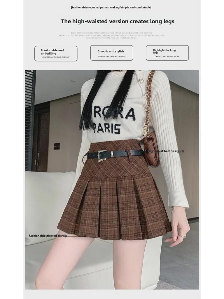 Korean Plaid Woolen Pleated Skirt: Autumn/Winter High-Waist College Style