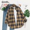Women Autumn Winter Brushed Plaid Blouse Retro Elegent Loose Long Sleeve Shirt Coat QT1910