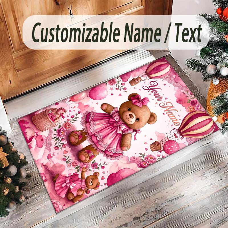 Teddy Bear Theme Crystal Velvet Rug Personalized Custom Name Text Soft Floor Mat Home Decor