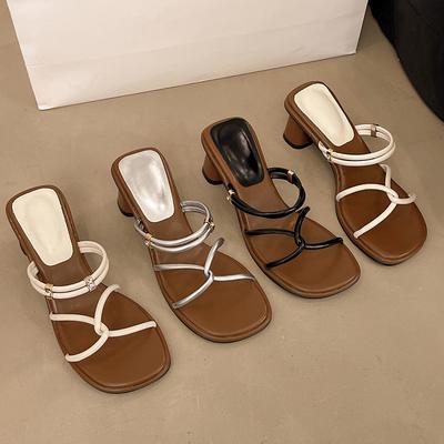 2025 Новые летние лаконичные женские шлепанцы с узким ремешком, модные туфли-лодочки на толстом каблуке для вечеринок, мюли, шлепанцы