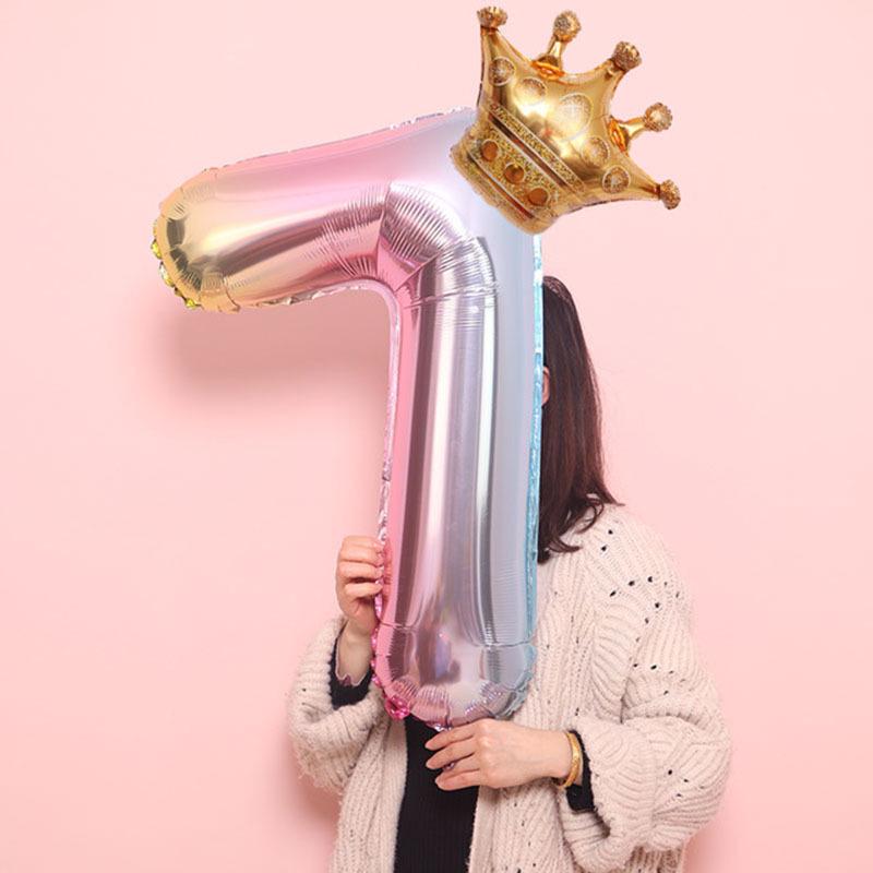 Gradient Rainbow Balloon with Crown for Girl's First Birthday Party Background Decoration