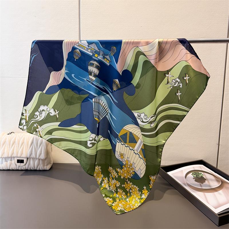 Hot Air Balloon Print Square Silk Scarf Soft Satin Lightweight Bandana for Women Vacation Neck Scarves Hairband Bag Accessory