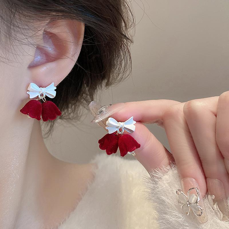 Festive red velvet bow stud earrings women's earrings temperament sweet flower long fringed earrings earrings autumn and winter