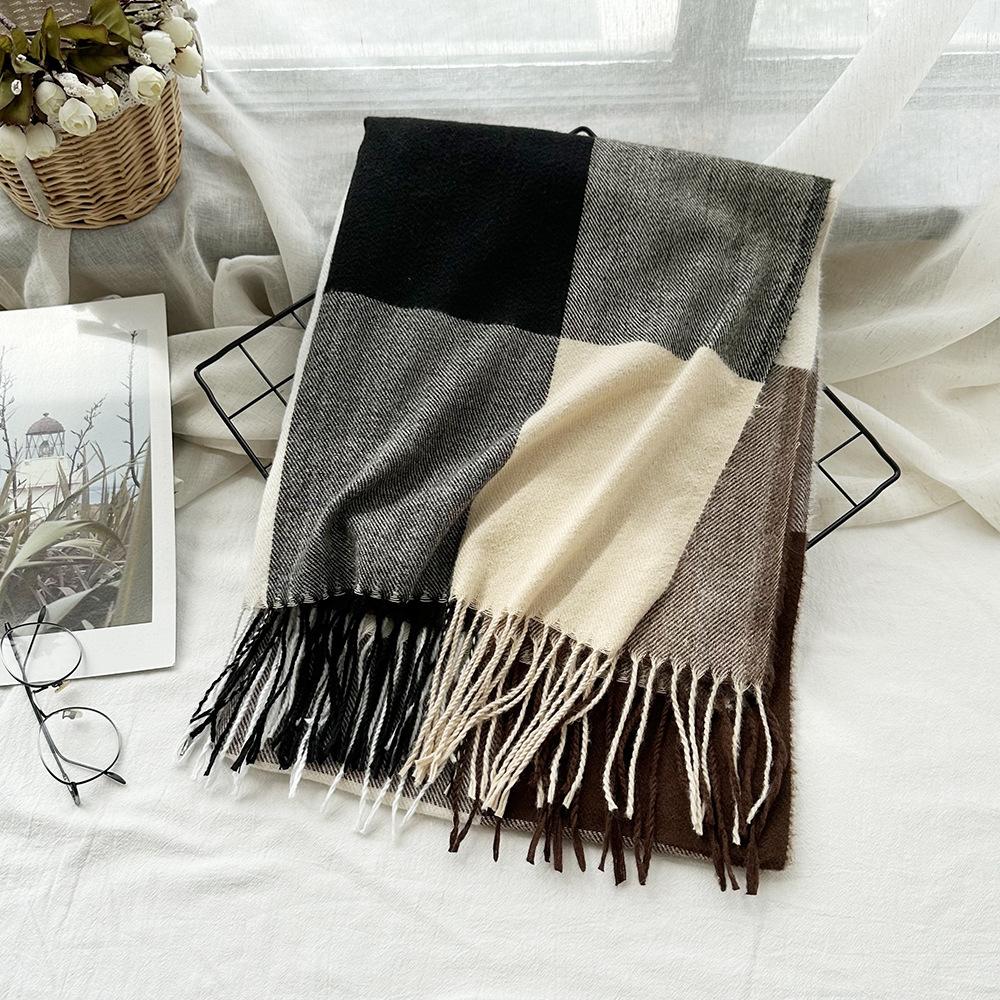 High End Imitation Cashmere Plaid Scarf Versatile and Warm In Winter  Women's Neck Scarf  Fringed Shawl