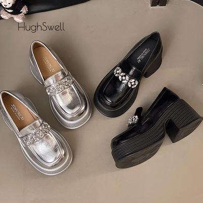 Мода Роскошная Хрустальная Пряжка Платформа Лофер Женщина Элегантная Толстая Подошва Высокий Каблук Слипоны Кожаная Обувь Дамы Блеск Британский Стиль Платье Zapatos