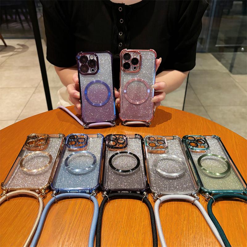 Bling Glitter Case For Xiaomi 15 Pro 15 Ultra 14 Pro 14 Ultra 14T Pro Magnetic Plating Crossbody Lanyard Cord Phone Cover Funda