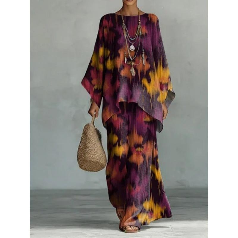 16 European and American artistic sense abstract graffiti casual suit round neck bat sleeve top + wide leg pants loose two-piece set