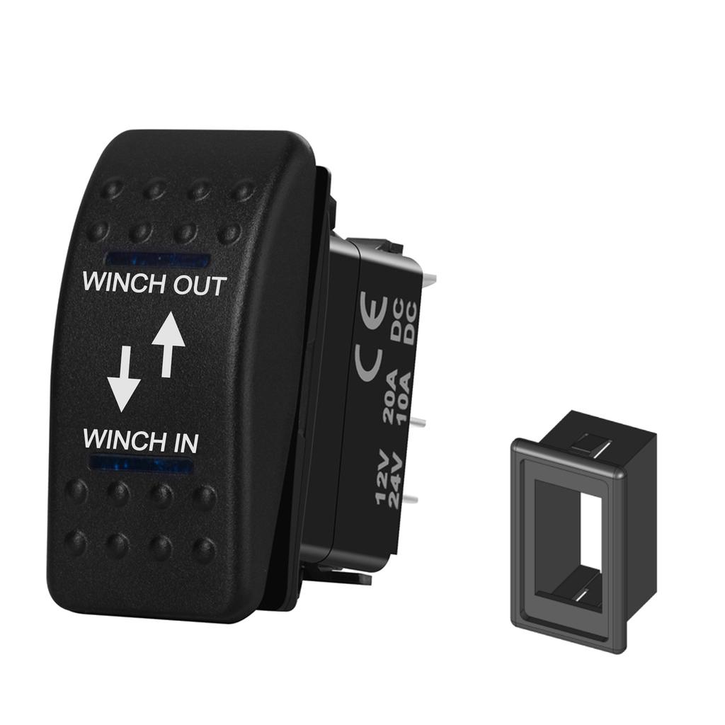 12V 20A Winch In Winch Out Switch DPDT Momentary (ON) OFF (ON) Rocker Switch 3 Position Blue Led Waterproof Reversing Switch