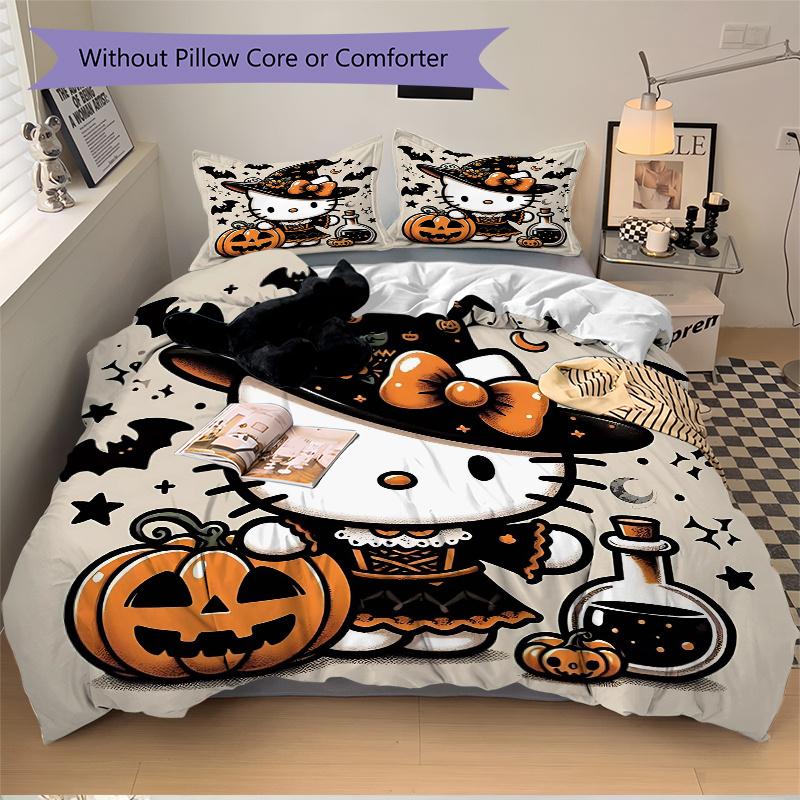 3pcs Witch Hello Kitty Printed Bedding Set, Soft and Comfortable Quilt Cover for Bedroom, Guest Room ( Not Included).H104