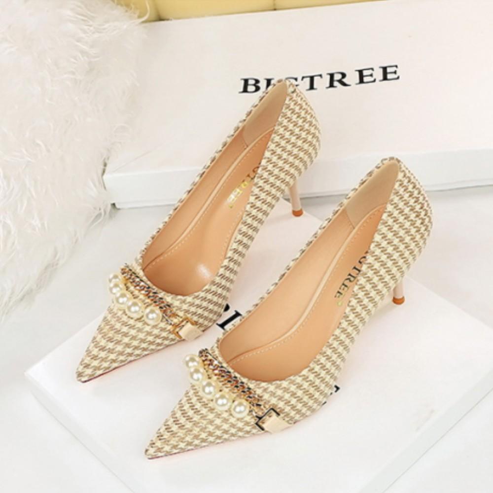 European and American Thin Heel Shallow Mouth Pointed Cloth Plaid Thousand Bird Check Metal Chain Pearl High Heel Shoes