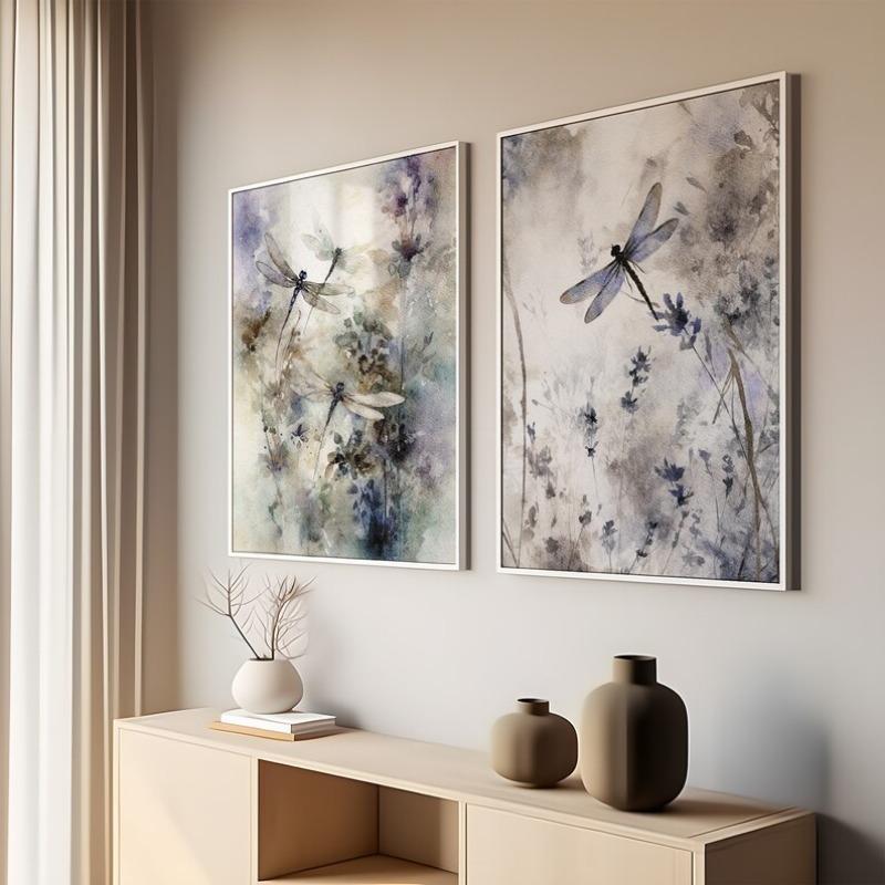 Постер Акварель Стрекоза Цветы Лаванды Зеленый Ботанический Фиолетовый Цветочный Насекомое Холст Живопись Настенное Искусство для Комнаты Домашний Декор