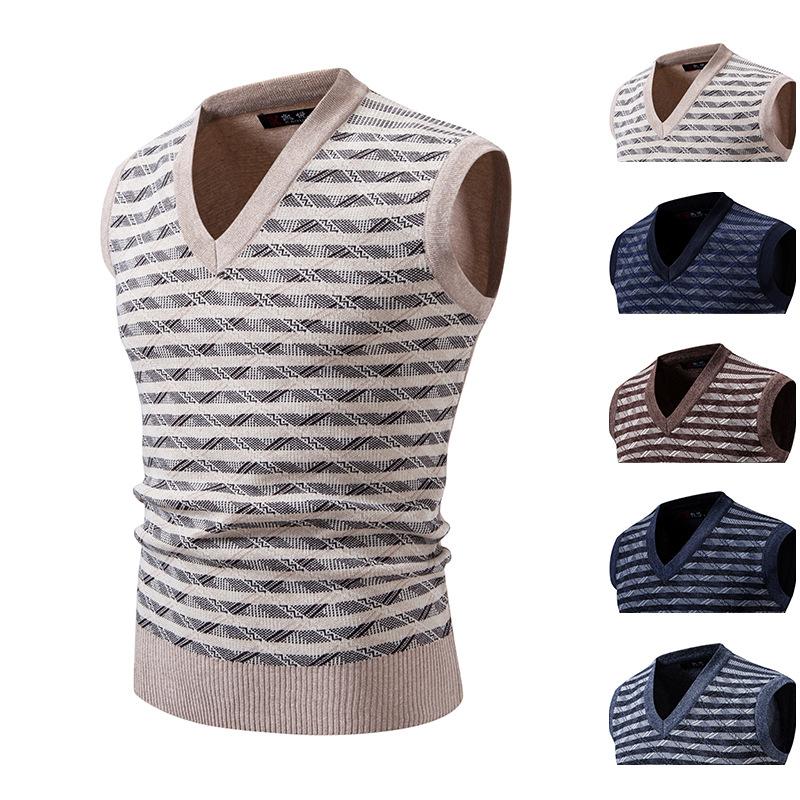 Men's Sleeveless Sweater Striped Wool Vest Vest V-neck Pullover Autumn and Winter New Knitted Sweater