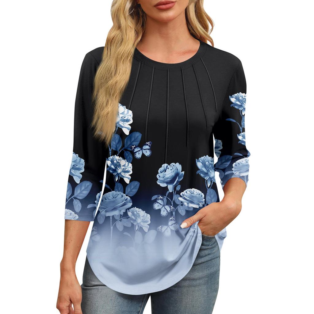 Женская модная футболка с круглым вырезом и рукавом 3/4 с принтом, повседневная, базовая, плиссированная, пуловер