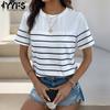 YYFS Женские модные повседневные летние весенние полосатые футболки и топы с круглым вырезом с короткими рукавами и принтом