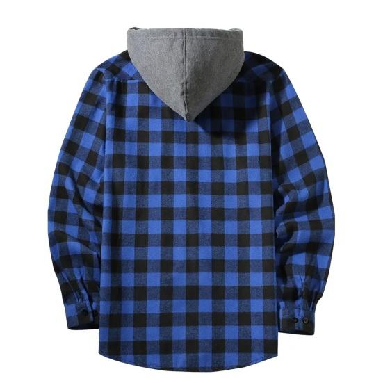 Fall Spring Men Shirt Hooded Drawstring Long Sleeves Color Matching Plaid Print Single-breasted Daily Wear School