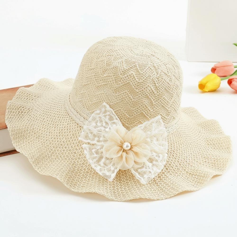 Solid Color Weave Bucket Hat Flower UV Protection Cap Sweet Wide Brim Knitted Hat Holiday