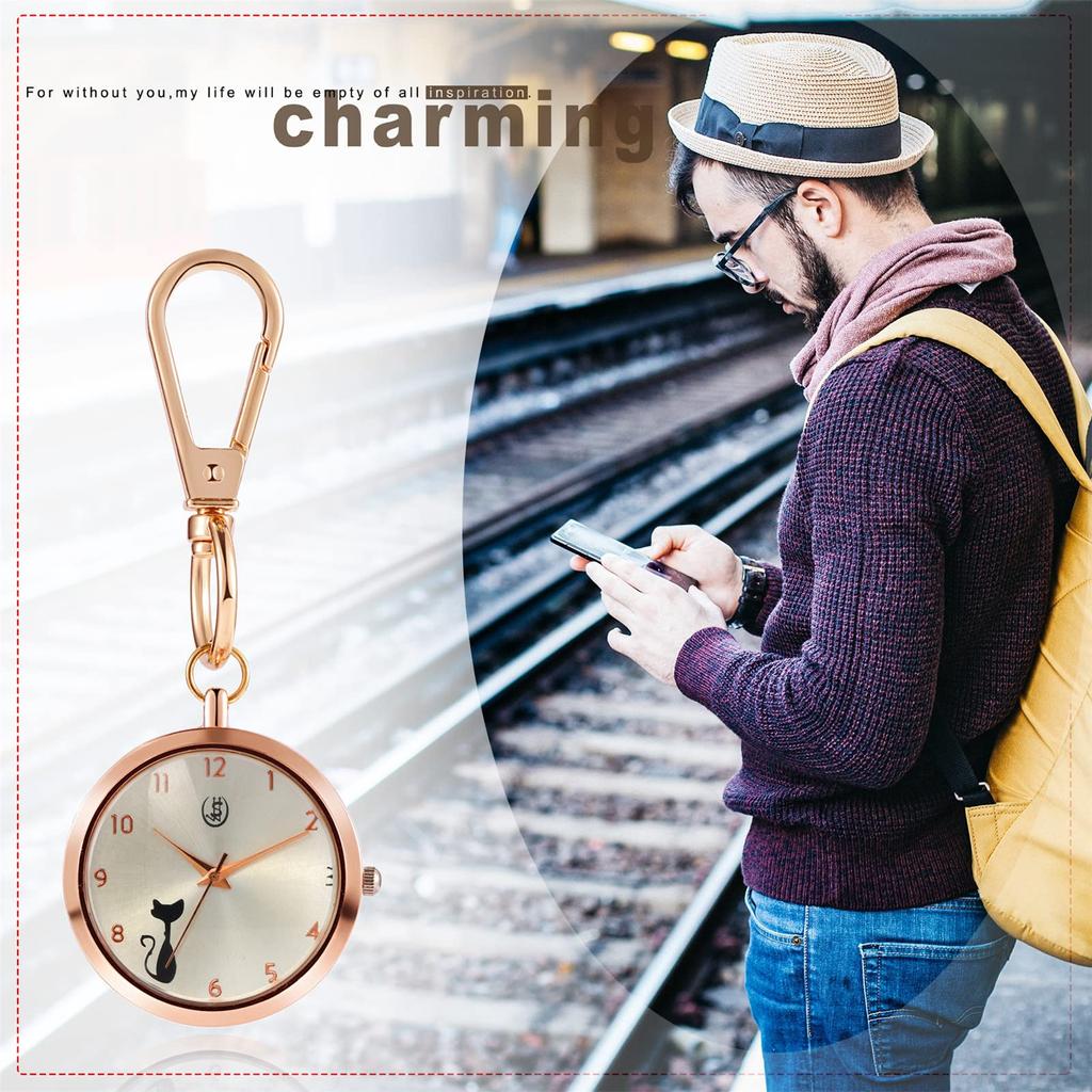 Clip Watch Pocket Watch Ladies Analog Cat Nurse Watch Waterproof Keychain Watch Rose Gold Fashion Accessory