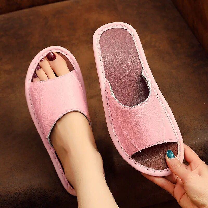 Унисекс тапочки из натуральной коровьей кожи: Нескользящий, Удобный, Повседневный и Крутой для Всех Сезонов