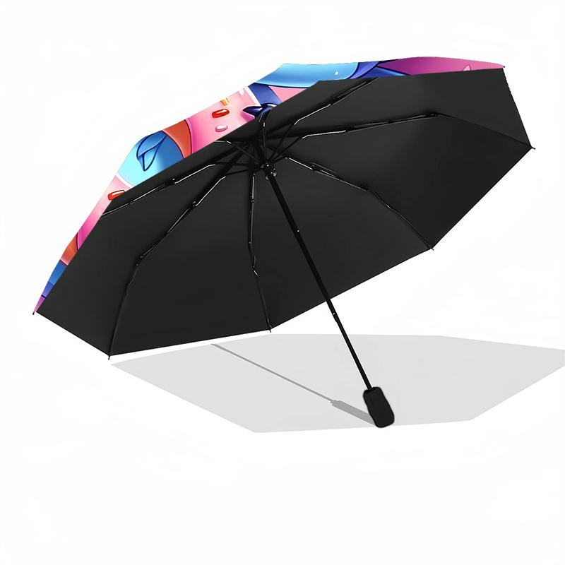 1pc Sturdy 8-Bone Auto Umbrella, Stitch Pastel Donut Floral Umbrella, Digital Printed, Foldable Umbrella for On-the-Go Outdoor Use