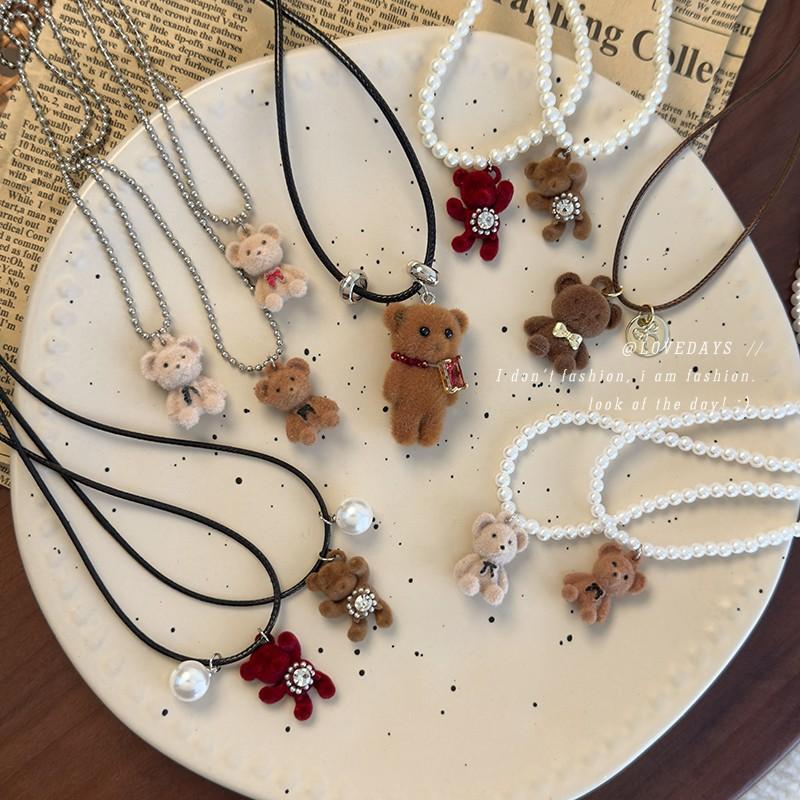 Cute Cartoon Flocked Bear Pendant Necklace Women's Accessories Light Luxury Niche Collarbone Chain Versatile High-end Sweater Chain