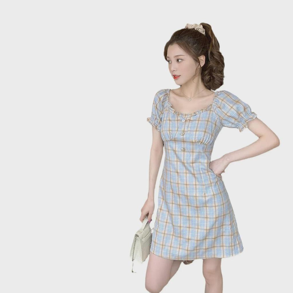 2024 Корейское летнее ретро-платье на одно плечо в стиле Тондэмун в клетку