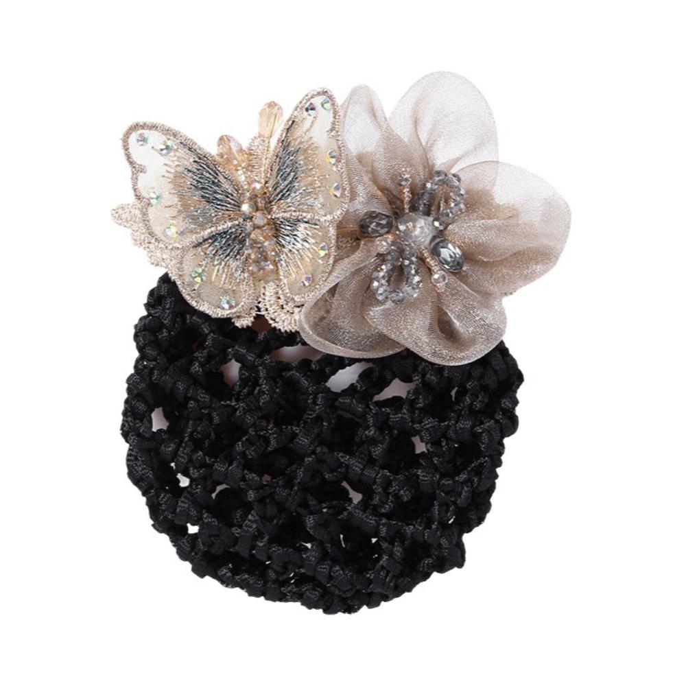 Butterfly Flower Elastic Hair Net Rhinestone Beads Decor Hair Bun Holder Hotel Staff Uniform