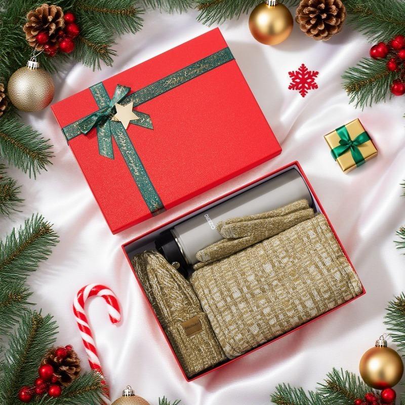 Christmas Hat, Scarf, Gloves, Water Cup Four-piece Set, Winter Velvet Warm Knitted Hat, New Year's Gift Box.