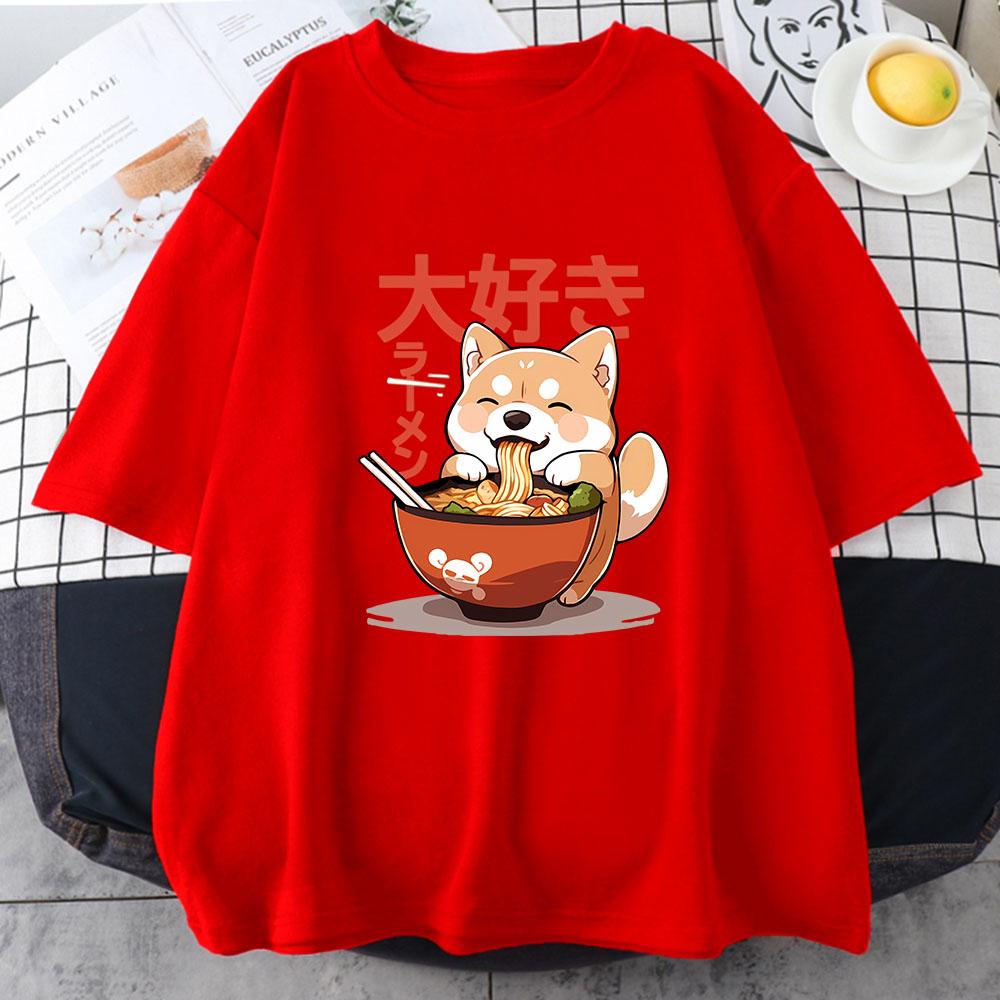 Shiba Inu Enjoying Ramen T-shirts 100% Cotton High Quality Summer Tee-shirt Casual Women/Men Kawaii Tshirt Cute Girls Shirts