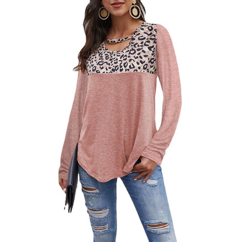 Осенне-зимняя женская футболка с круглым вырезом и леопардовым узором, свободный топ с длинными рукавами
