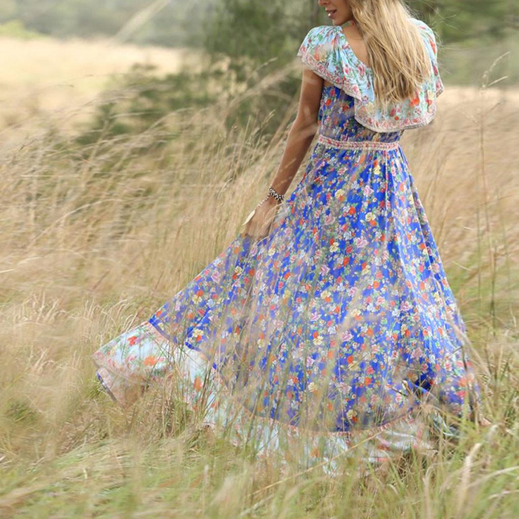 Женские летние шифоновые пляжные длинные платья в богемном стиле с V-образным вырезом на талии