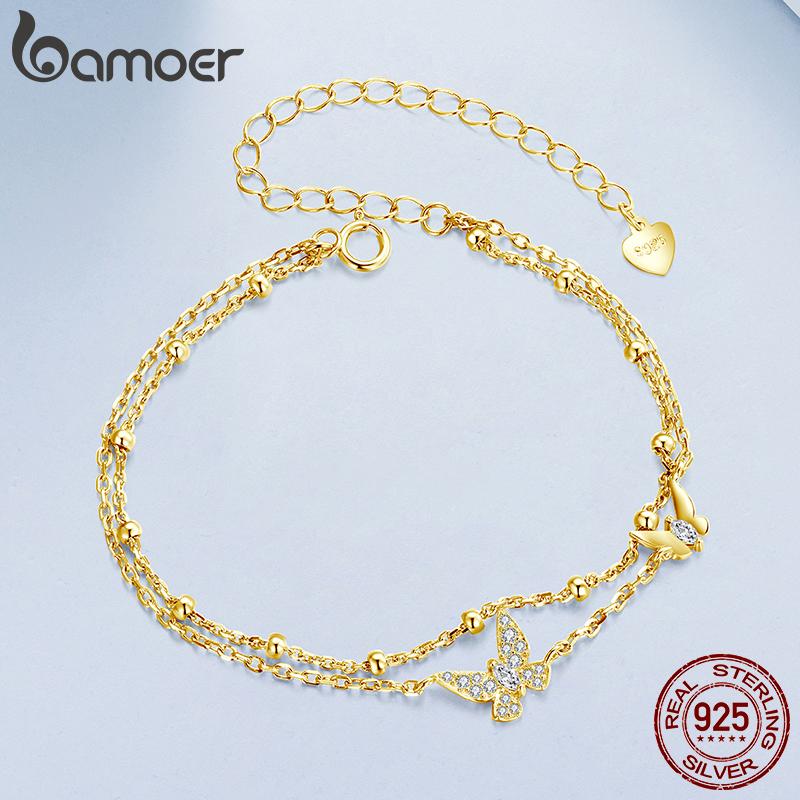 BAMOER Double-Layer Butterfly Bracelet 925 Sterling Silver Adjustable CZ Layered Beads Wrist Chain Dainty Party Gift for Women