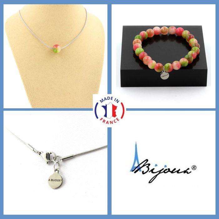 Pierres et Minéraux. Parure bijoux Bracelet Collier 1 Perle Tourmaline melon d'eau 8 mm. Taille personnalisable.