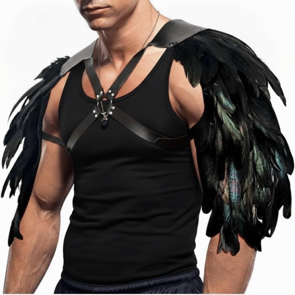 Double Shoulder Leather Harness Feather Cloak Medieval Guards Halloween Cosplay